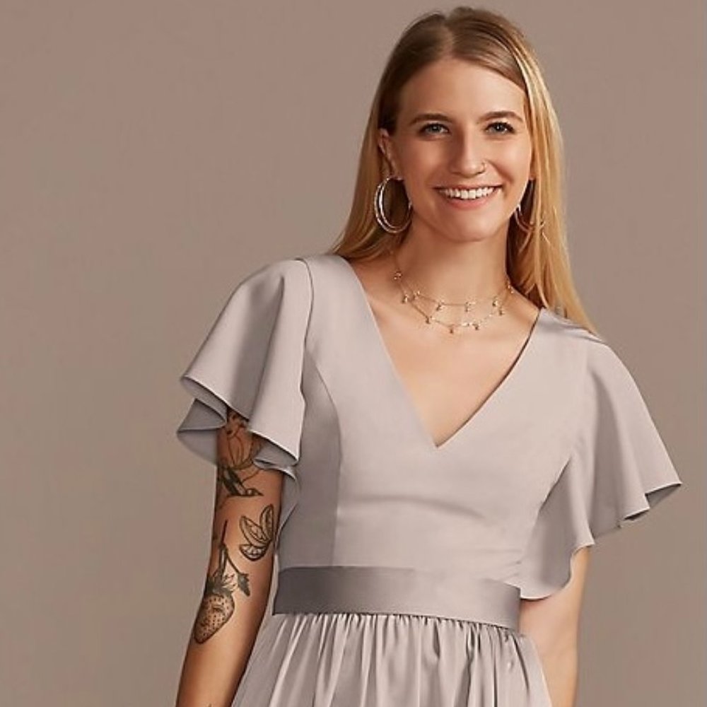 Flutter Sleeve V-Neck Charmeuse Bridesmaid Dress